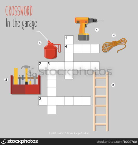 Easy crossword puzzle &rsquo;In the garage&rsquo;, for children in elementary and middle school. Fun way to practice language comprehension and expand vocabulary. Includes answers. Vector illustration.