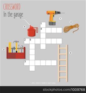 Easy crossword puzzle &rsquo;In the garage&rsquo;, for children in elementary and middle school. Fun way to practice language comprehension and expand vocabulary. Includes answers. Vector illustration.