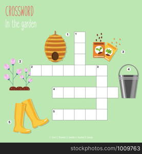 Easy crossword puzzle &rsquo;In the garden&rsquo;, for children in elementary and middle school. Fun way to practice language comprehension and expand vocabulary. Includes answers. Vector illustration.