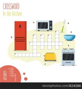 Easy crossword puzzle 'In the kitchen', for children in elementary and middle school. Fun way to practice language comprehension and expand vocabulary.Includes answers. Vector illustration.