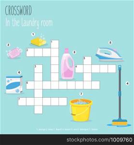 Easy crossword puzzle &rsquo;In the laundry room&rsquo;, for children in elementary and middle school. Fun way to practice language comprehension and expand vocabulary. Includes answers. Vector illustration.
