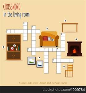 Easy crossword puzzle &rsquo;In the livingroom&rsquo;, for children in elementary and middle school. Fun way to practice language comprehension and expand vocabulary. Includes answers. Vector illustration.
