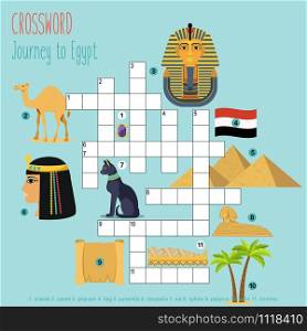 Easy crossword puzzle &rsquo;Journey to Egypt&rsquo;, for children in elementary and middle school. Fun way to practice language comprehension and expand vocabulary. Includes answers. Vector illustration.