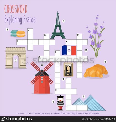 Easy crossword puzzle &rsquo;Journey to France&rsquo;, for children in elementary and middle school. Fun way to practice language comprehension and expand vocabulary. Includes answers. Vector illustration.