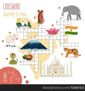 Easy crossword puzzle &rsquo;Journey to India&rsquo;, for children in elementary and middle school. Fun way to practice language comprehension and expand vocabulary. Includes answers. Vector illustration.