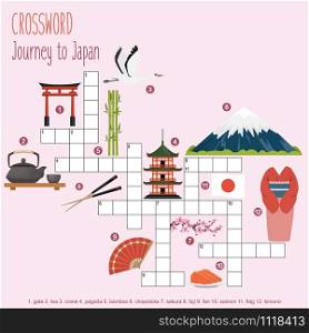 Easy crossword puzzle &rsquo;Journey to Japan&rsquo;, for children in elementary and middle school. Fun way to practice language comprehension and expand vocabulary. Includes answers. Vector illustration.