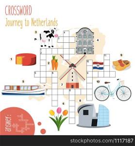 Easy crossword puzzle &rsquo;Journey to Netherlands&rsquo;, for children in elementary and middle school. Fun way to practice language comprehension and expand vocabulary.Includes answers. Vector illustration.