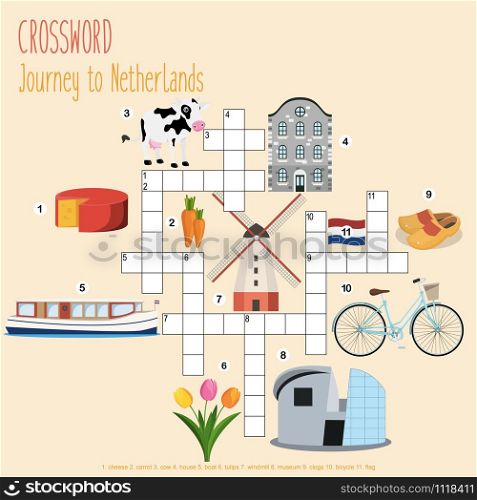 Easy crossword puzzle &rsquo;Journey to Netherlands&rsquo;, for children in elementary and middle school. Fun way to practice language comprehension and expand vocabulary.Includes answers. Vector illustration.