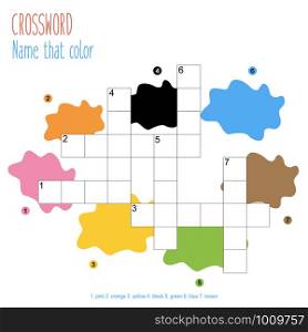 Easy crossword puzzle &rsquo;Name that color&rsquo;, for children in elementary and middle school. Fun way to practice language comprehension and expand vocabulary. Includes answers. Vector illustration.