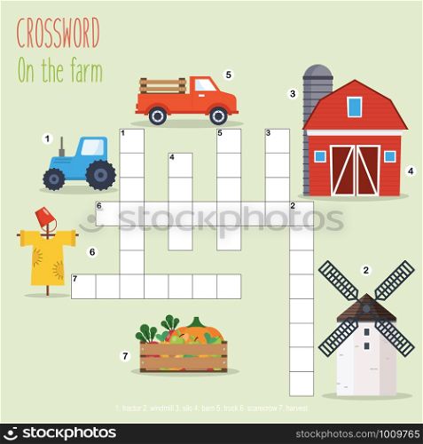 Easy crossword puzzle &rsquo;On the farm&rsquo;, for children in elementary and middle school. Fun way to practice language comprehension and expand vocabulary. Includes answers. Vector illustration.