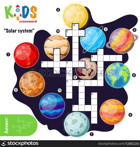 Easy crossword puzzle &rsquo;Solar system&rsquo;, for children in elementary and middle school. Fun way to practice language comprehension and expand vocabulary. Includes answers.