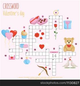 Easy crossword puzzle &rsquo;Valentine&rsquo;s day&rsquo;, for children in elementary and middle school. Fun way to practice language comprehension and expand vocabulary.Includes answers. Vector illustration.