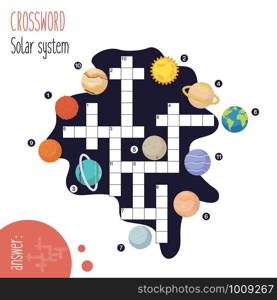 Easy crossword puzzle 'SOLAR SYSTEM', for children in elementary and middle school. Fun way to practice language comprehension and expand vocabulary. Includes answers. Vector illustration.