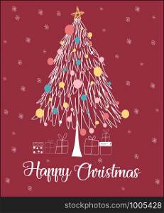 easy outline doodle Christmas tree line on dark red background with snowflake , happy christmas card
