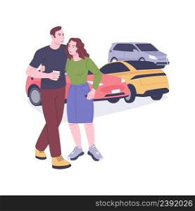Easy parking isolated cartoon vector illustrations. Young couple in electric car parking, many vehicles around, urban lifestyle, city transportation, public transport vector cartoon.. Easy parking isolated cartoon vector illustrations.