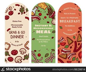 Easy to prepare breakfast ready to eat, gluten free and microwavable grab and go dinner. Food rich in proteins, catering service labels for dishes, takeout delicious meal. Vector in flat style. Ready to eat breakfast, grab and go dinner label
