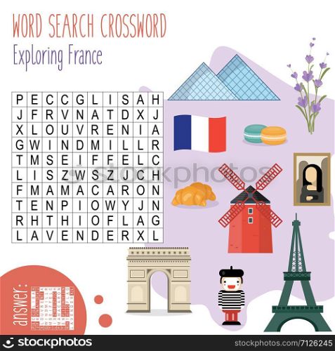 Easy word search crossword puzzle 'Exploring France', for children in elementary and middle school. Fun way to practice language comprehension and expand vocabulary. Includes answers.