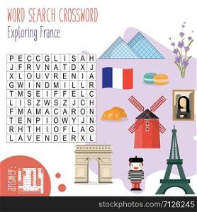 Easy word search crossword puzzle 'Exploring France', for children in elementary and middle school. Fun way to practice language comprehension and expand vocabulary. Includes answers.