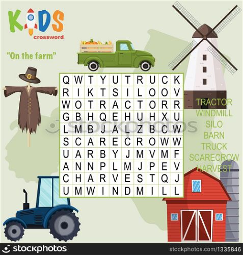 "Easy word search crossword puzzle "On the farm", for children in elementary and middle school. Fun way to practice language comprehension and expand vocabulary. Includes answers."