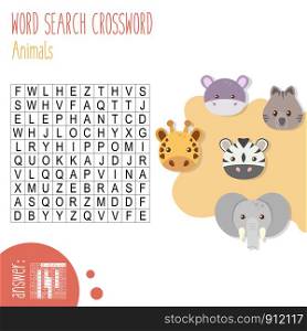 Easy word search crossword puzzle 'Animals', for children in elementary and middle school. Fun way to practice language comprehension and expand vocabulary.Includes answers. Vector illustration.