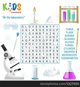 Easy word search crossword puzzle &rsquo;At the laboratory&rsquo;, for children in elementary and middle school. Fun way to practice language comprehension and expand vocabulary. Includes answers.