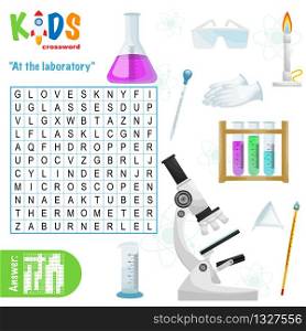 Easy word search crossword puzzle &rsquo;At the laboratory&rsquo;, for children in elementary and middle school. Fun way to practice language comprehension and expand vocabulary. Includes answers.