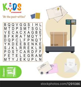 Easy word search crossword puzzle &rsquo;At the post-office&rsquo;, for children in elementary and middle school. Fun way to practice language comprehension and expand vocabulary. Includes answers.