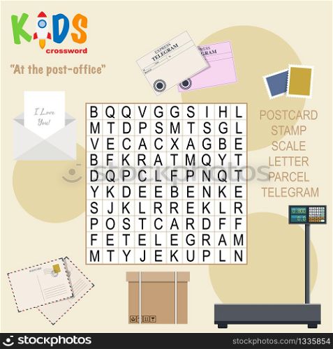 Easy word search crossword puzzle &rsquo;At the post-office&rsquo;, for children in elementary and middle school. Fun way to practice language comprehension and expand vocabulary. Includes answers.