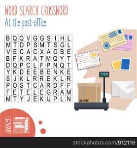 Easy word search crossword puzzle 'At the post-office', for children in elementary and middle school. Fun way to practice language comprehension and expand vocabulary.Includes answers. Vector illustration.