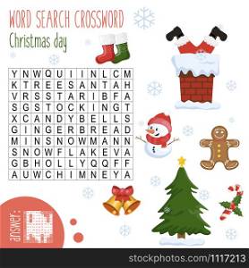 Easy word search crossword puzzle &rsquo;Christmas day&rsquo;, for children in elementary and middle school. Fun way to practice language comprehension and expand vocabulary.Includes answers. Vector illustration.