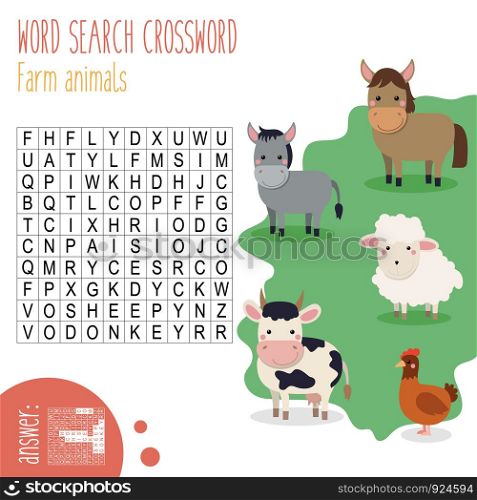 Easy word search crossword puzzle 'Farm animals', for children in elementary and middle school. Fun way to practice language comprehension and expand vocabulary. Includes answers. Vector illustration.