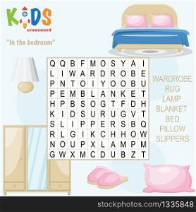 Easy word search crossword puzzle &rsquo;In the bedroom&rsquo;, for children in elementary and middle school. Fun way to practice language comprehension and expand vocabulary. Includes answers.
