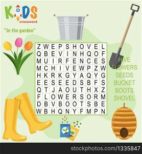 Easy word search crossword puzzle &rsquo;In the garden&rsquo;, for children in elementary and middle school. Fun way to practice language comprehension and expand vocabulary. Includes answers.