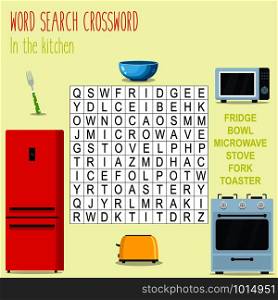Easy word search crossword puzzle &rsquo;In the kitchen&rsquo;, for children in elementary and middle school. Fun way to practice language comprehension and expand vocabulary. Includes answers. Vector illustration.
