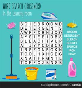 Easy word search crossword puzzle &rsquo;In the laundry room&rsquo;, for children in elementary and middle school. Fun way to practice language comprehension and expand vocabulary. Includes answers. Vector illustration.