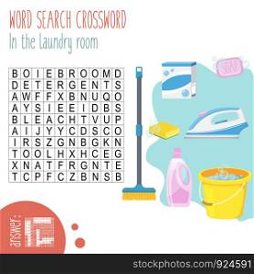 Easy word search crossword puzzle 'In the laundry room', for children in elementary and middle school. Fun way to practice language comprehension and expand vocabulary. Includes answers. Vector illustration.