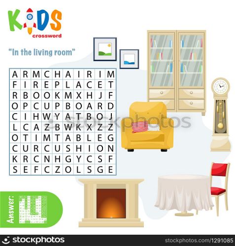 Easy word search crossword puzzle &rsquo;In the living room&rsquo;, for children in elementary and middle school. Fun way to practice language comprehension and expand vocabulary. Includes answers.