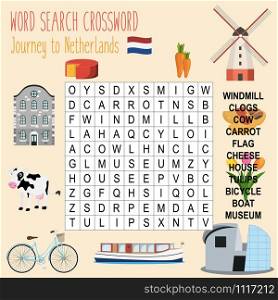 Easy word search crossword puzzle &rsquo;Journey to Netherlands&rsquo;, for children in elementary and middle school. Fun way to practice language comprehension and expand vocabulary. Includes answers. Vector illustration.