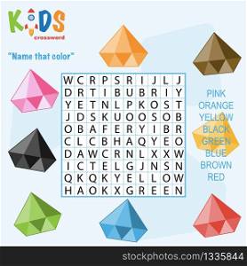 Easy word search crossword puzzle &rsquo;Name that color&rsquo;, for children in elementary and middle school. Fun way to practice language comprehension and expand vocabulary. Includes answers.