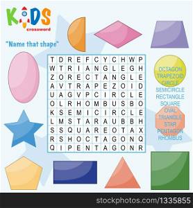 Easy word search crossword puzzle &rsquo;Name that shape&rsquo;, for children in elementary and middle school. Fun way to practice language comprehension and expand vocabulary. Includes answers.