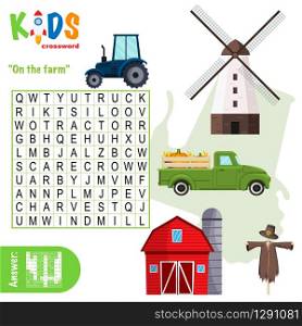 Easy word search crossword puzzle &rsquo;On the farm&rsquo;, for children in elementary and middle school. Fun way to practice language comprehension and expand vocabulary. Includes answers.