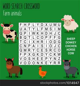 "Easy word search crossword puzzle &rsquo;&rsquo;Farm animals", for children in elementary and middle school. Fun way to practice language comprehension and expand vocabulary. Includes answers. Vector illustration."