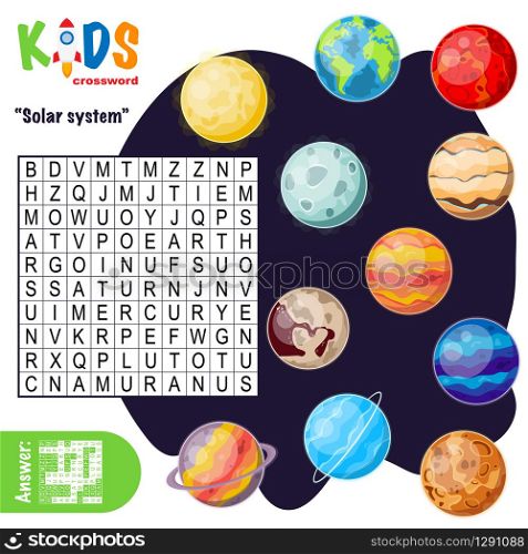 Easy word search crossword puzzle &rsquo;Solar system&rsquo;, for children in elementary and middle school. Fun way to practice language comprehension and expand vocabulary. Includes answers.