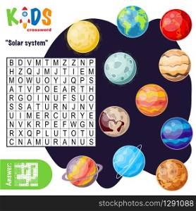 Easy word search crossword puzzle &rsquo;Solar system&rsquo;, for children in elementary and middle school. Fun way to practice language comprehension and expand vocabulary. Includes answers.