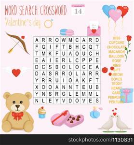 Easy word search crossword puzzle &rsquo;Valentine&rsquo;s day&rsquo;, for children in elementary and middle school. Fun way to practice language comprehension and expand vocabulary.Includes answers. Vector illustration.