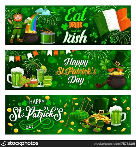 Eat, drink and be Irish, celebration Patricks day. Vector greetings and Irish holiday green symbols. Leprechaun on rainbow smoking pipe and drink beer, shamrock clover, golden coins and bagpipe. Happy Patricks day symbols. Food, drinks, music