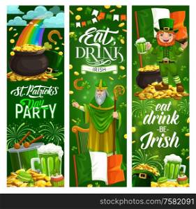 Eat, drink and be Irish motto on Saint Patricks day. Vector golden treasures and bagpipe, Holy St. Patrick with stick and rainbow with clouds and money rain. Smoking pipe, holiday lettering greetings. Happy St. Patrick day symbols. Food, drinks, music