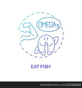 Eat fish blue gradient concept icon. Natural relief from arthritis pain advice abstract idea thin line illustration. Omega fatty acids. Isolated outline drawing. Myriad Pro-Bold font used. Eat fish blue gradient concept icon