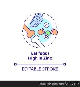 Eat foods high in zinc concept icon. Maintaining healthy joints and bones abstract idea thin line illustration. Seafood. Isolated outline drawing. Editable stroke. Arial, Myriad Pro-Bold fonts used. Eat foods high in zinc concept icon
