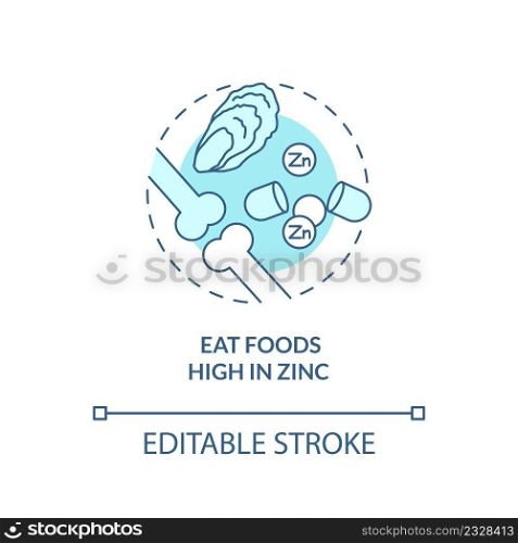Eat foods high in zinc turquoise concept icon. Maintaining healthy joints and bones abstract idea thin line illustration. Isolated outline drawing. Editable stroke. Arial, Myriad Pro-Bold fonts used. Eat foods high in zinc turquoise concept icon